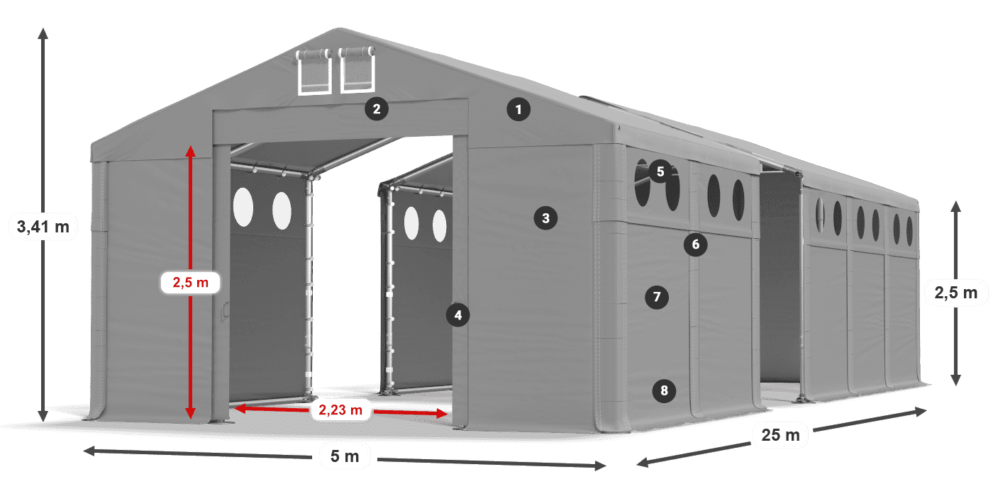 Dach: MS 580 PVC Wände: FR O 620 PVC 2,5 m Legende