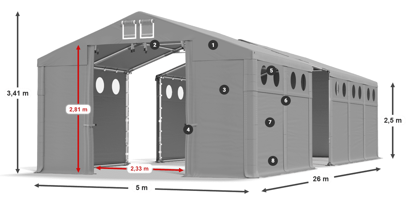 Dach: MS 580 PVC Wände: FR O 620 PVC 2,5 m Legende