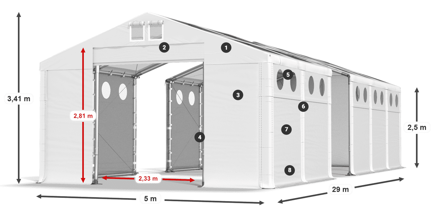 Dach: MS T 580 PVC Wände: FR O 620 PVC 2,5 m Legende
