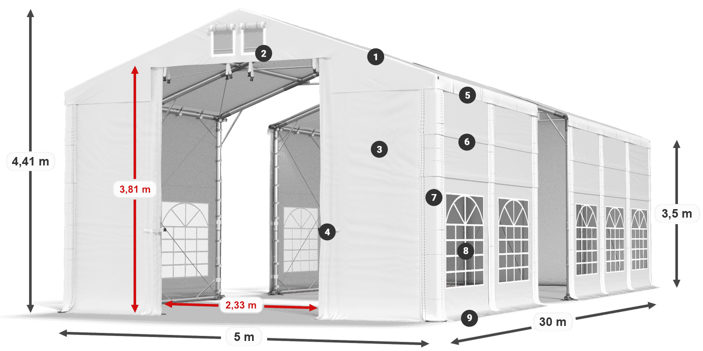 Dach: MS 580 PVC Wände: FR 620 PVC 3,5 m Legende