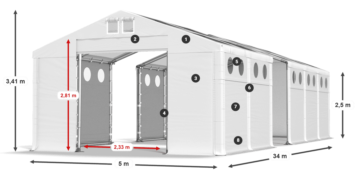 Dach: MS T 580 PVC Wände: FR O 620 PVC 2,5 m Legende