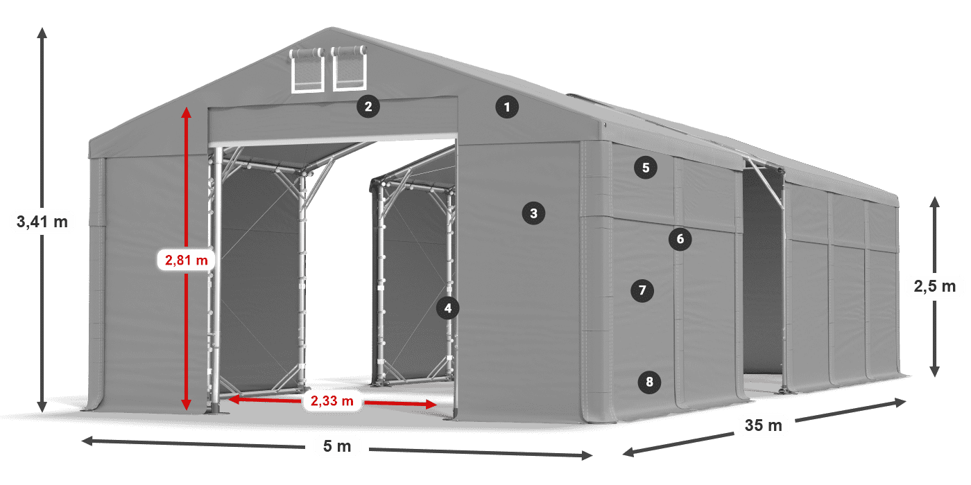 Dach: MS 580 PVC Wände: FR 620 PVC 2,5 m Legende