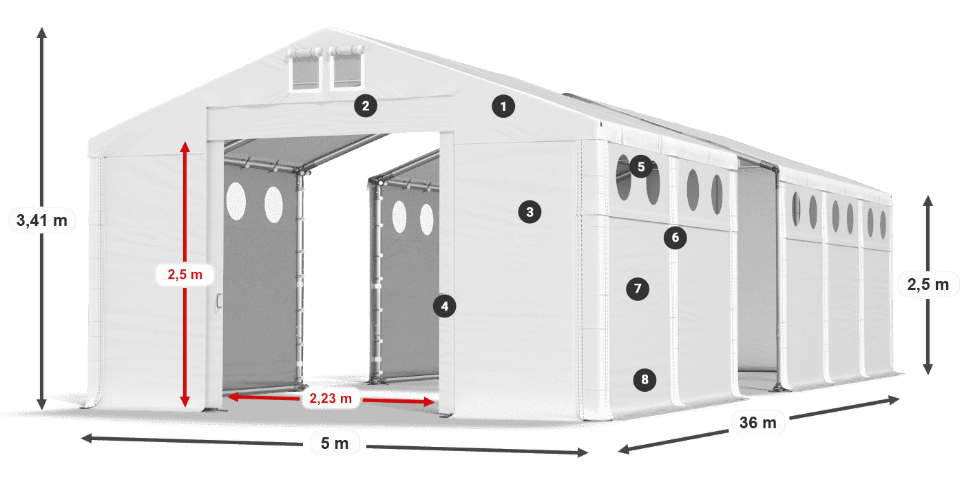 Dach: MS 580 PVC Wände: FR O 620 PVC 2,5 m Legende