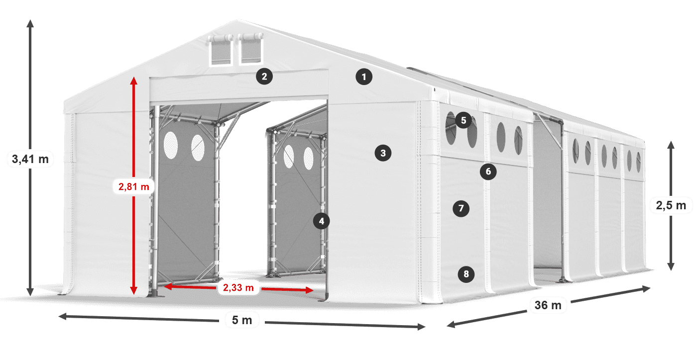Dach: SD 560 PVC Wände: FR O 620 PVC Legende 2,5 m