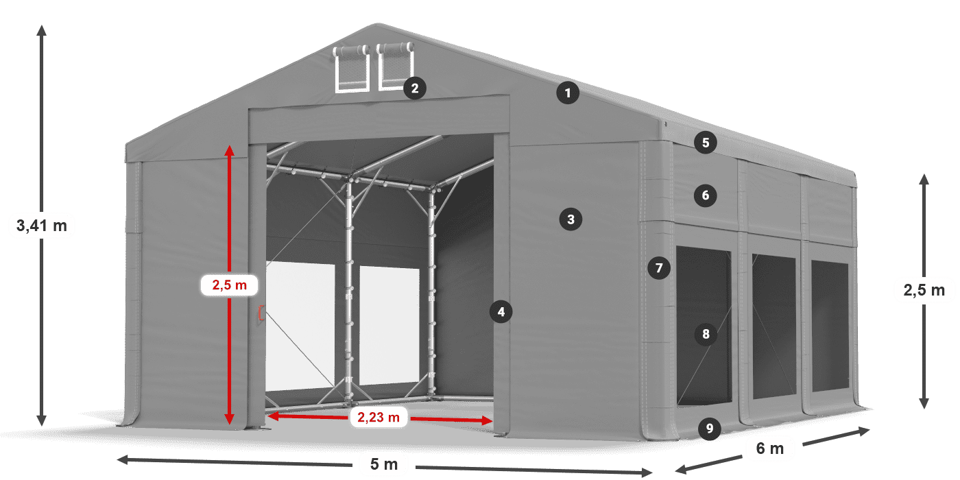 Dach: FR 620 PVC Wände: MS 580 PVC 2,5 m Legende