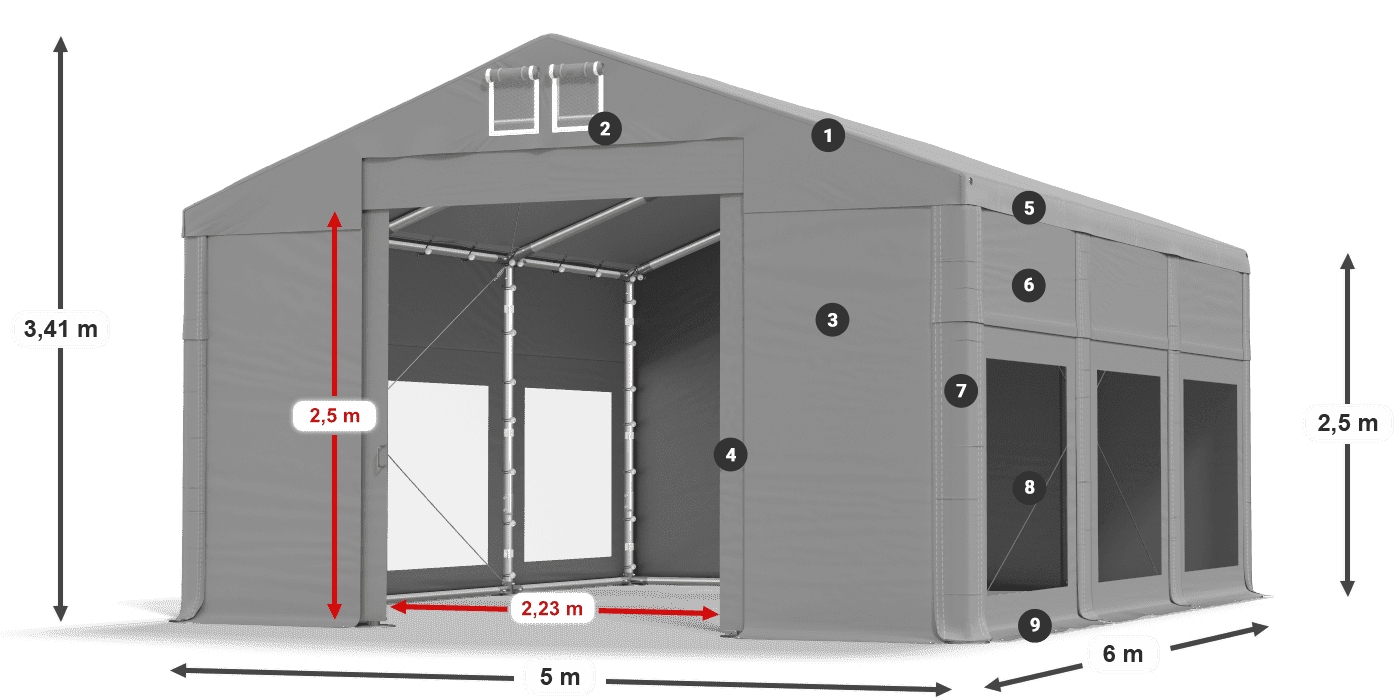 Dach: FR 620 PVC Wände: MS 580 PVC 2,5 m Legende