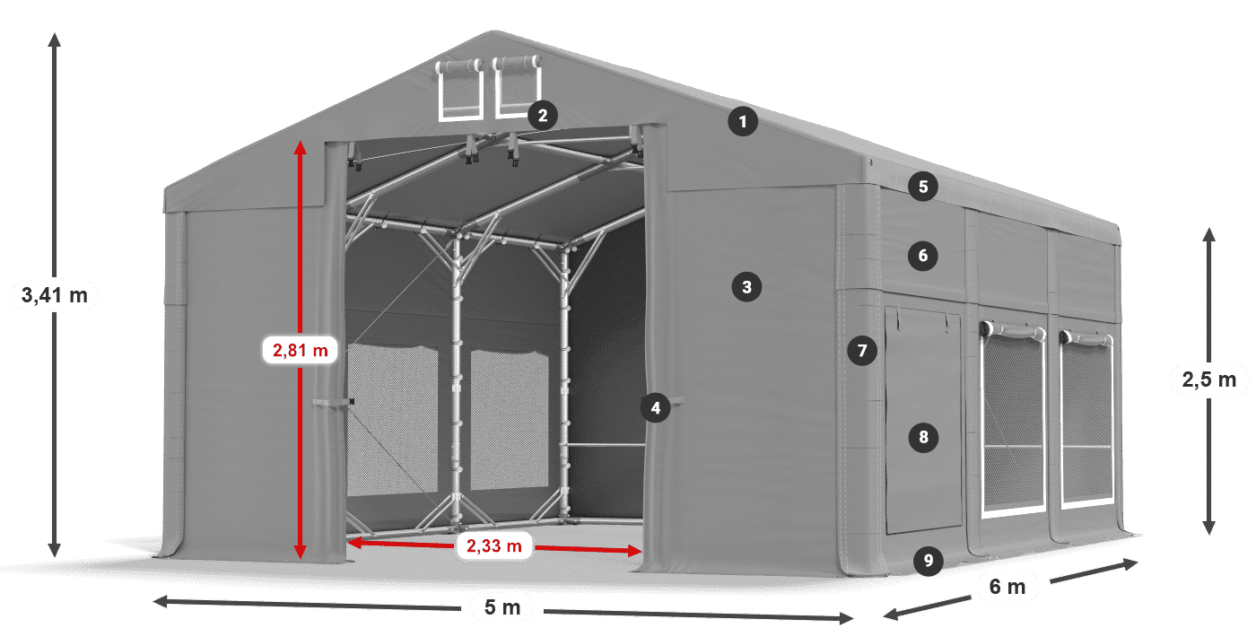 Dach: FR 620 PVC Wände: SD 500 PVC 2,5 m Legende