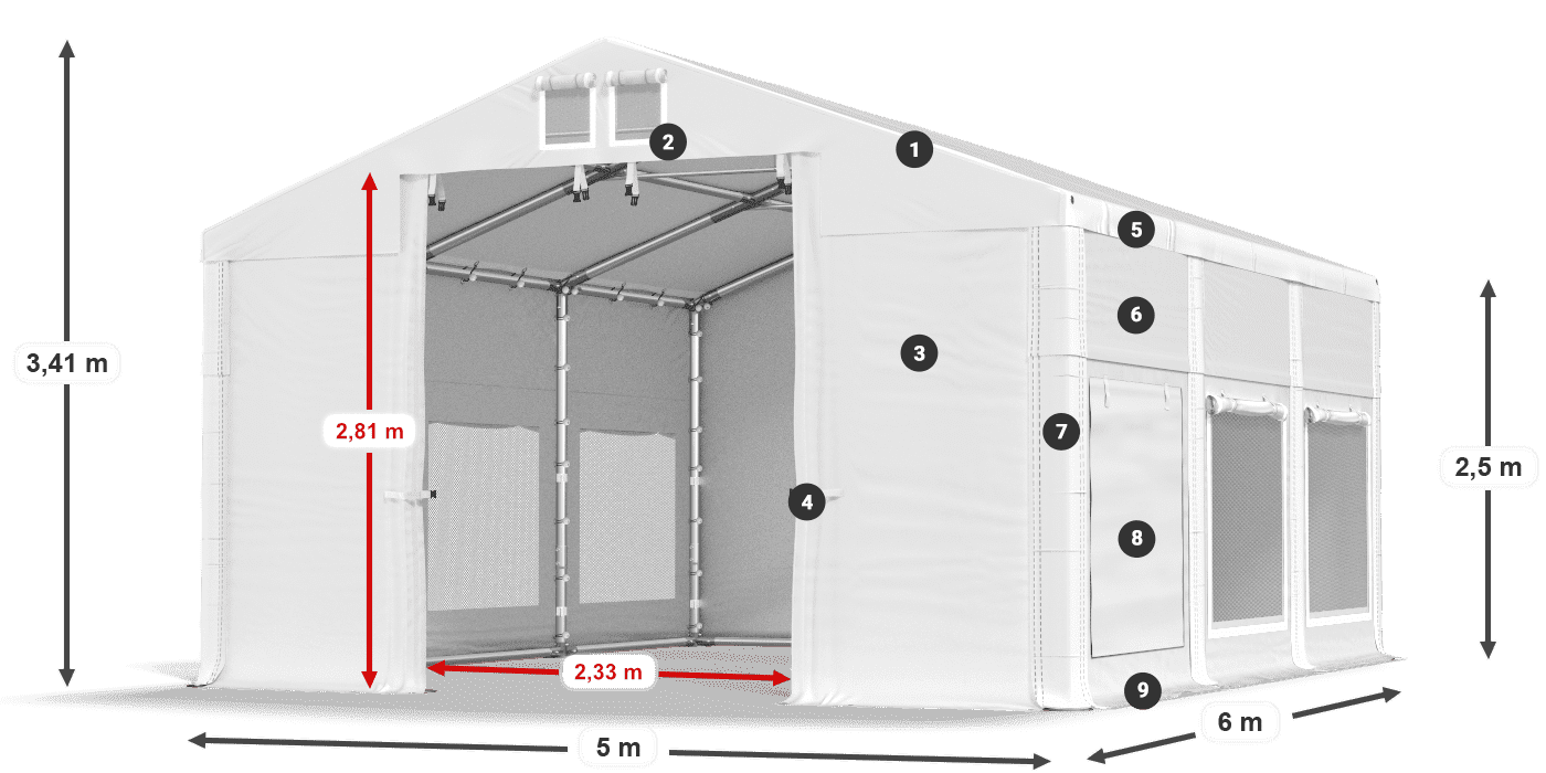 Dach: FR 620 PVC Wände: SD 500 PVC 2,5 m Legende