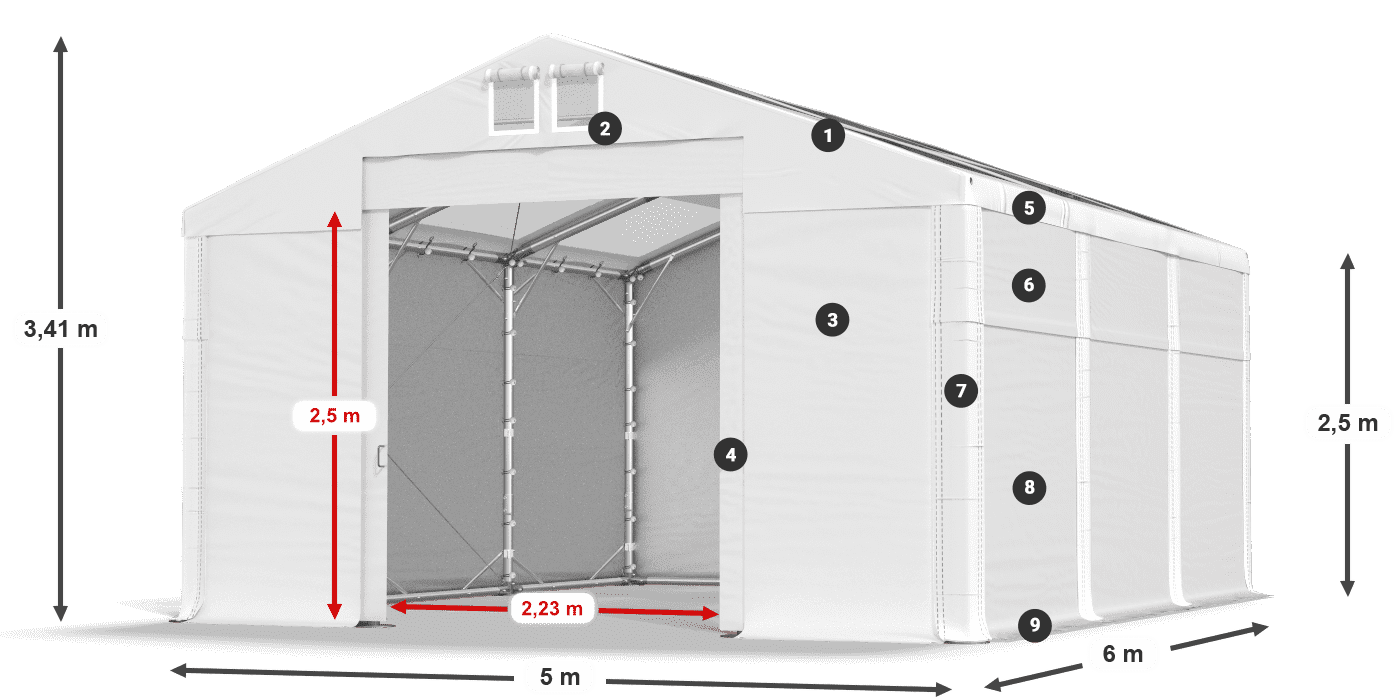 Dach: MS T 580 PVC Wände: FR 620 PVC 2,5 m Legende