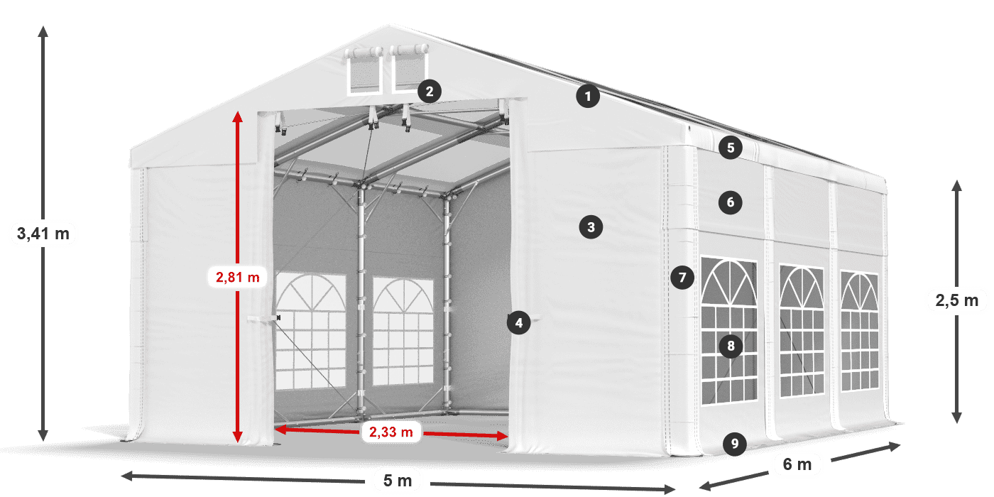 Dach: MS T 580 PVC Wände: FR 620 PVC 2,5 m Legende