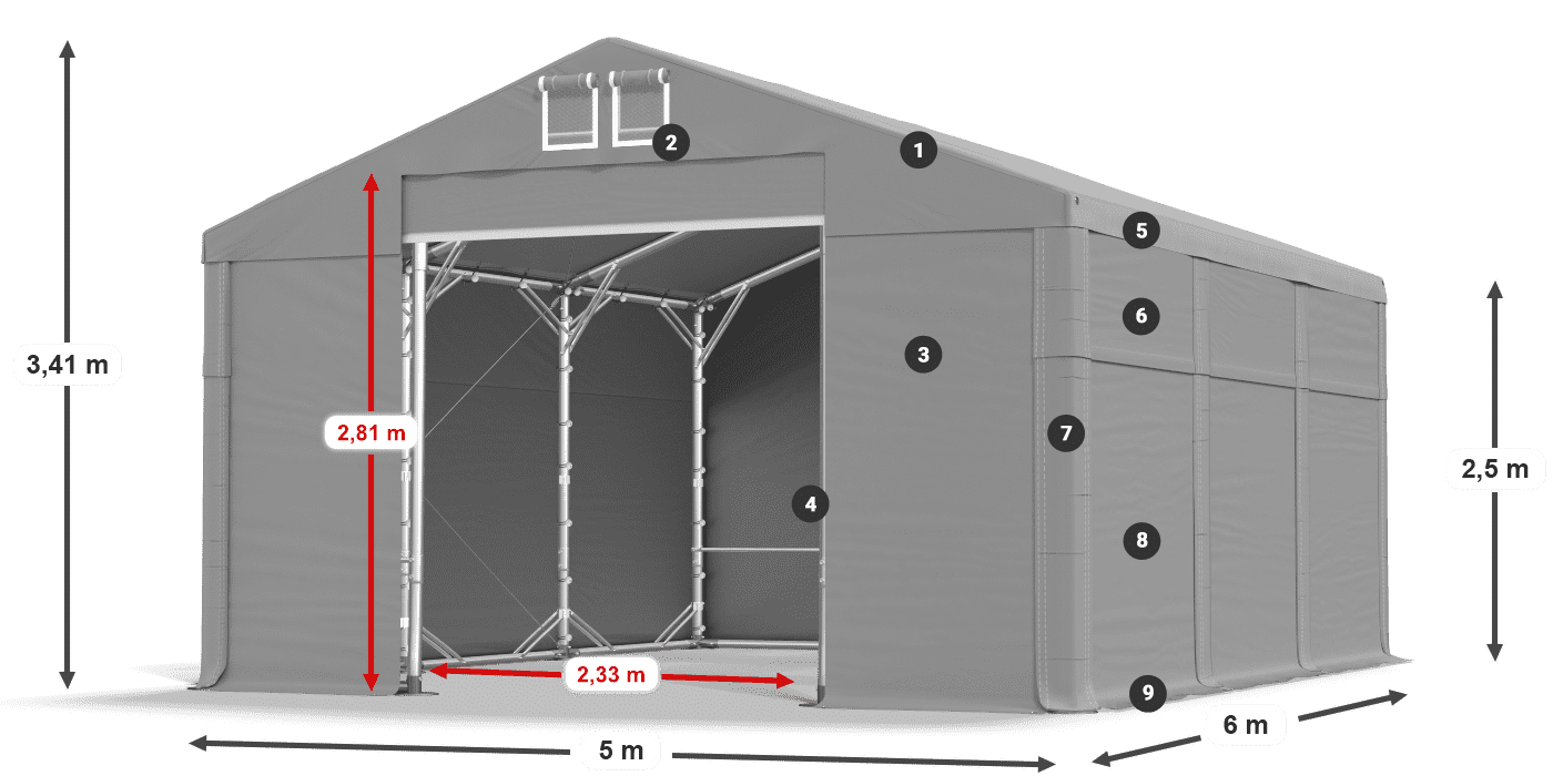 Dach: MS 580 PVC Wände: FR 620 PVC 2,5 m Legende
