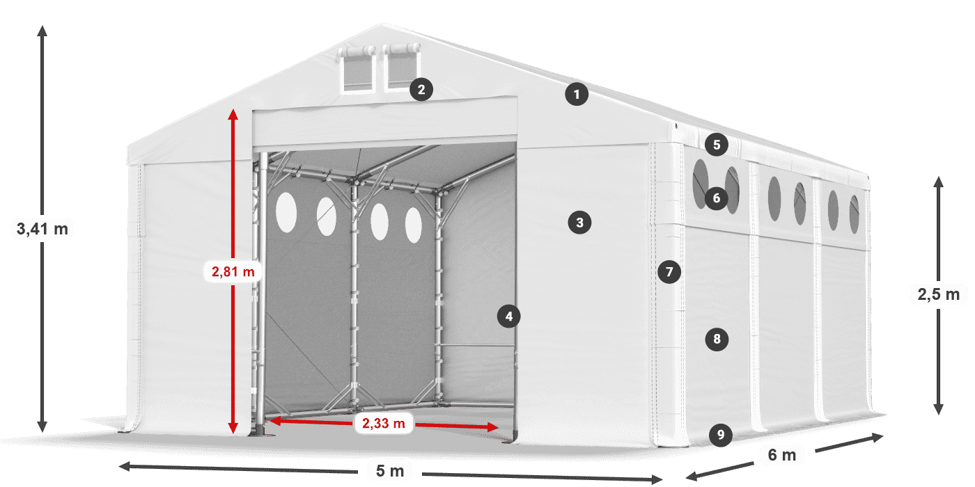 Dach: MS 580 PVC Wände: FR O 620 PVC 2,5 m Legende