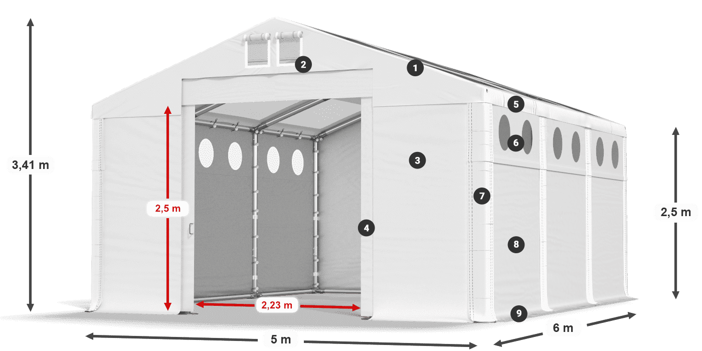 Dach: MS T 580 PVC Wände: FR O 620 PVC 2,5 m Legende