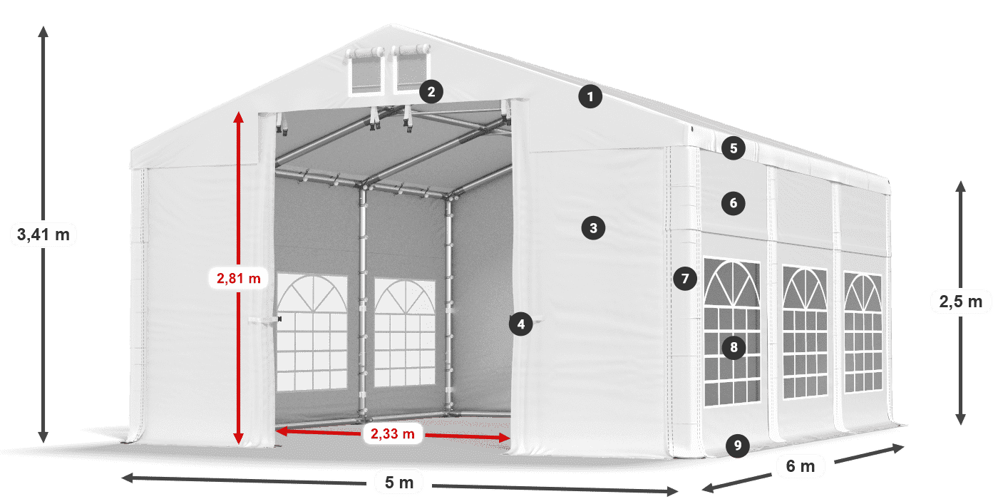 Dach: MS 580 PVC Wände: FR 620 PVC 2,5 m Legende