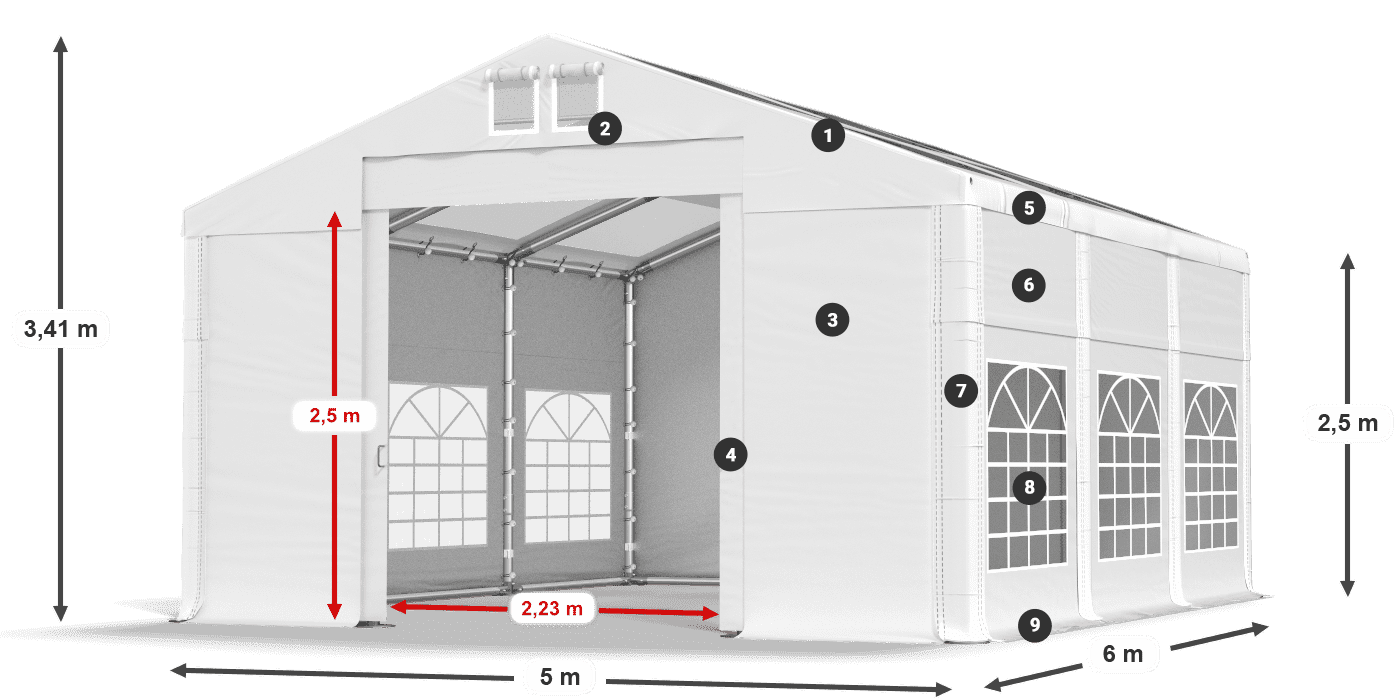 Dach: MS T 580 PVC Wände: FR 620 PVC 2,5 m Legende