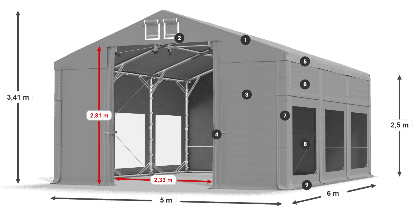 Dach: MS 580 PVC Wände: MS 580 PVC 2,5 m Legende