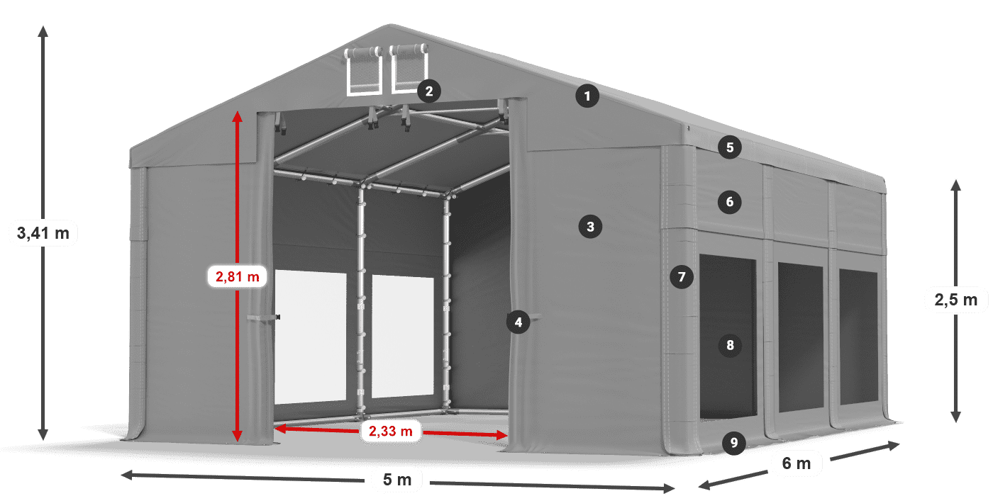 Dach: MS 580 PVC Wände: MS 580 PVC 2,5 m Legende