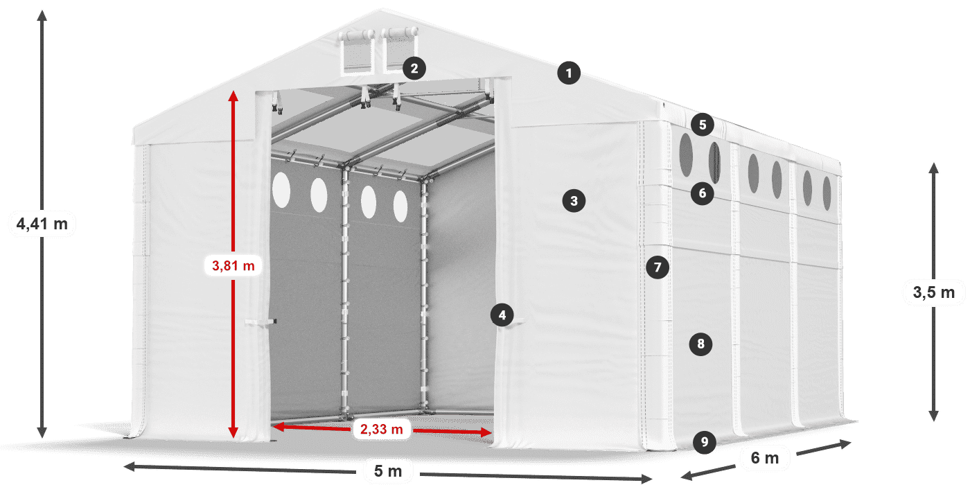 Dach: MS T 580 PVC Wände: FR O 620 PVC 3,5 m Legende