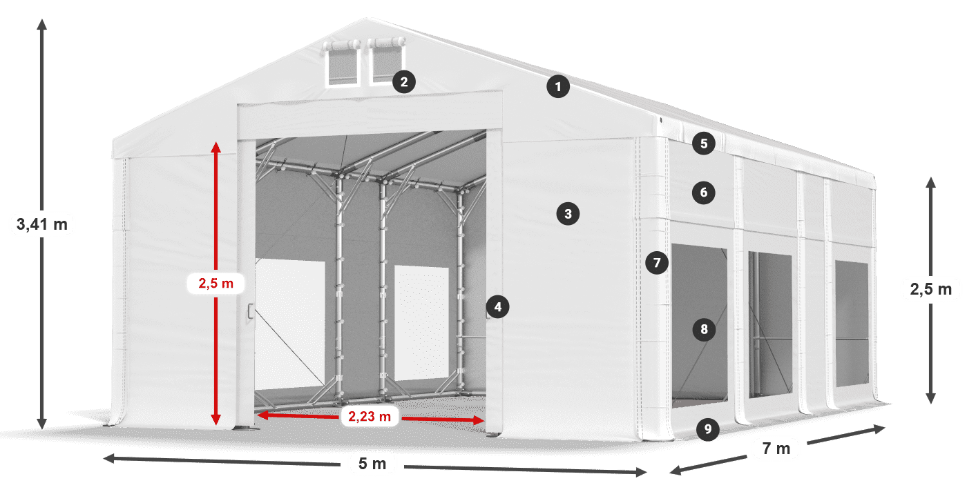 Dach: FR 620 PVC Wände: MS 580 PVC 2,5 m Legende