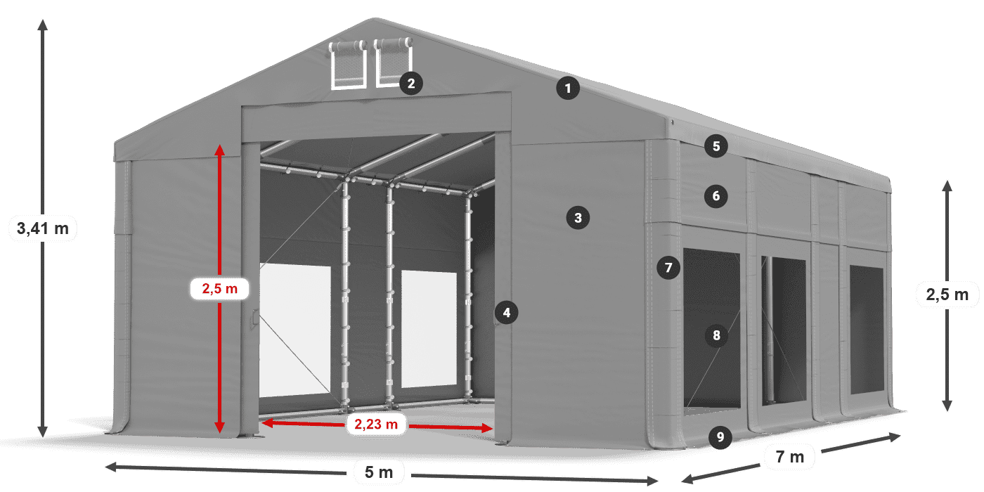 Dach: FR 620 PVC Wände: MS 580 PVC 2,5 m Legende