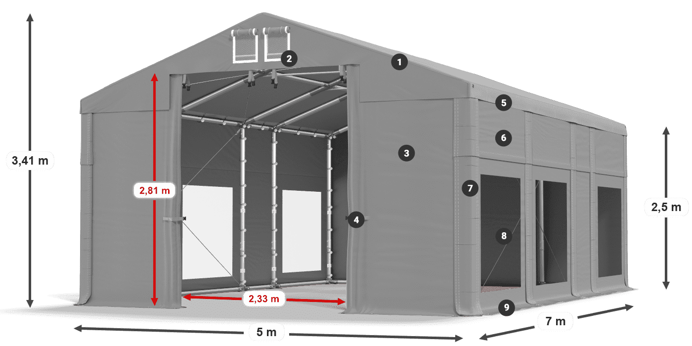 Dach: FR 620 PVC Wände: MS 580 PVC 2,5 m Legende