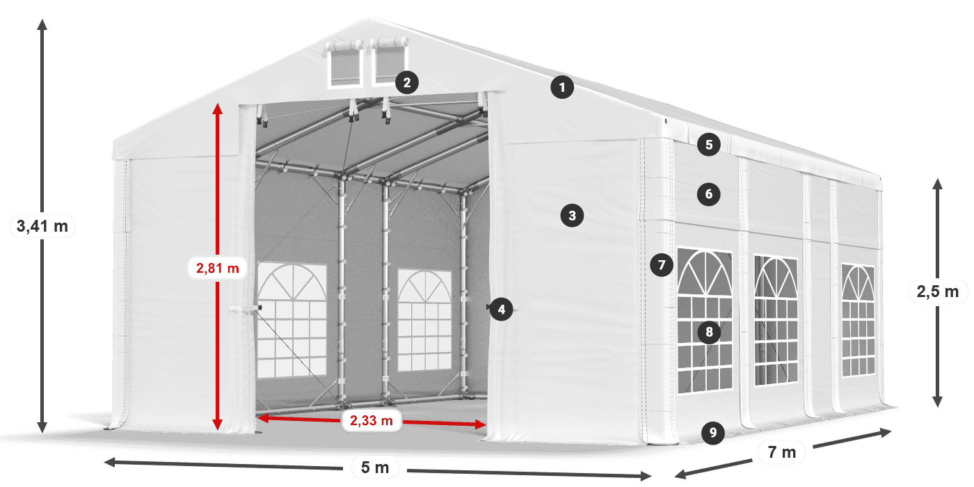 Dach: FR 620 PVC Wände: SD 500 PVC 2,5 m Legende