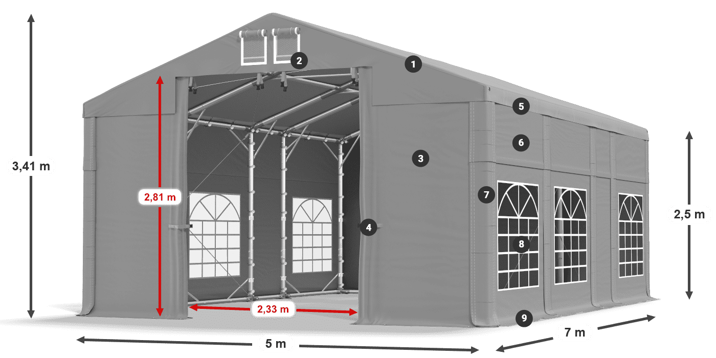 Dach: FR 620 PVC Wände: SD 500 PVC 2,5 m Legende