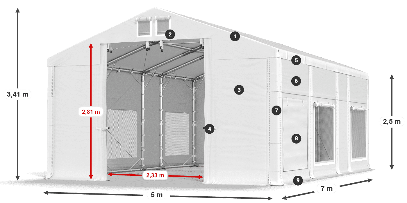 Dach: FR 620 PVC Wände: SD 500 PVC 2,5 m Legende