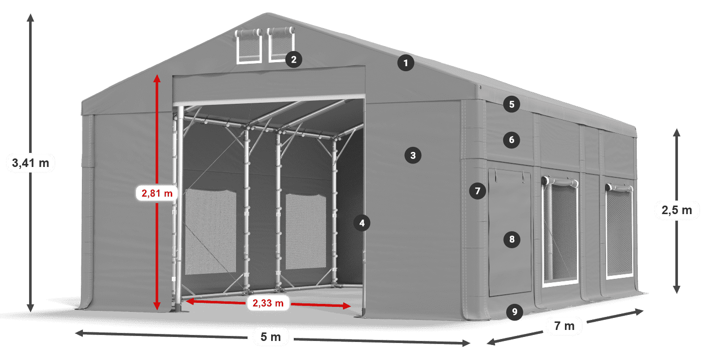 Dach: FR 620 PVC Wände: SD 500 PVC 2,5 m Legende