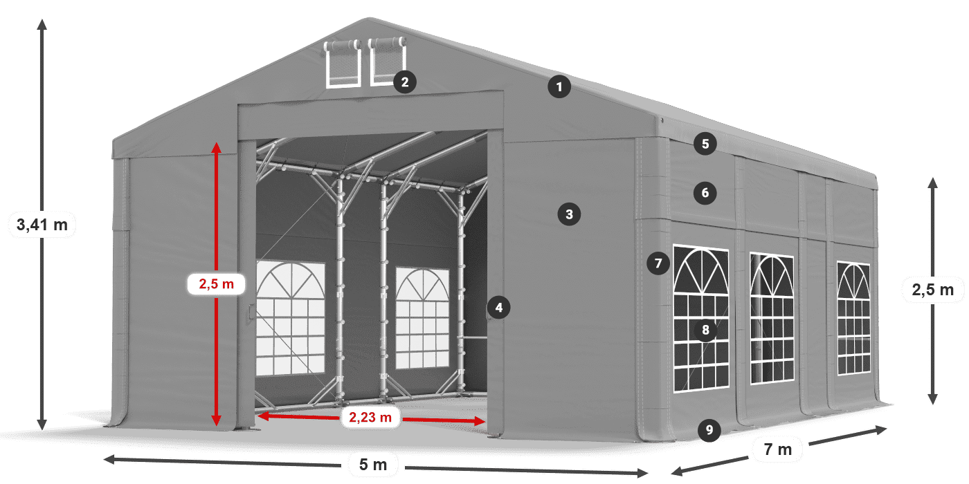 Dach: FR 620 PVC Wände: SD 500 PVC 2,5 m Legende