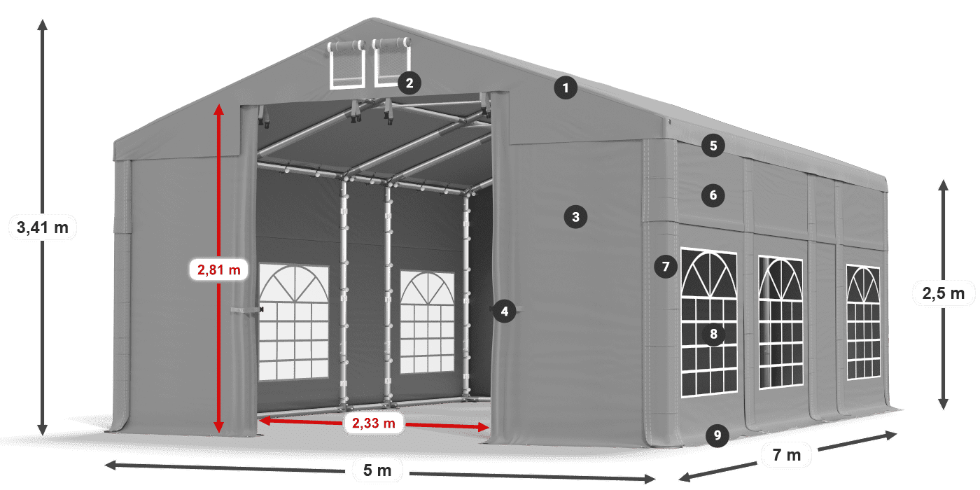 Dach: FR 620 PVC Wände: SD 500 PVC 2,5 m Legende