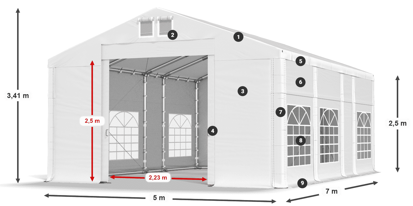 Dach: FR 620 PVC Wände: SD 500 PVC 2,5 m Legende