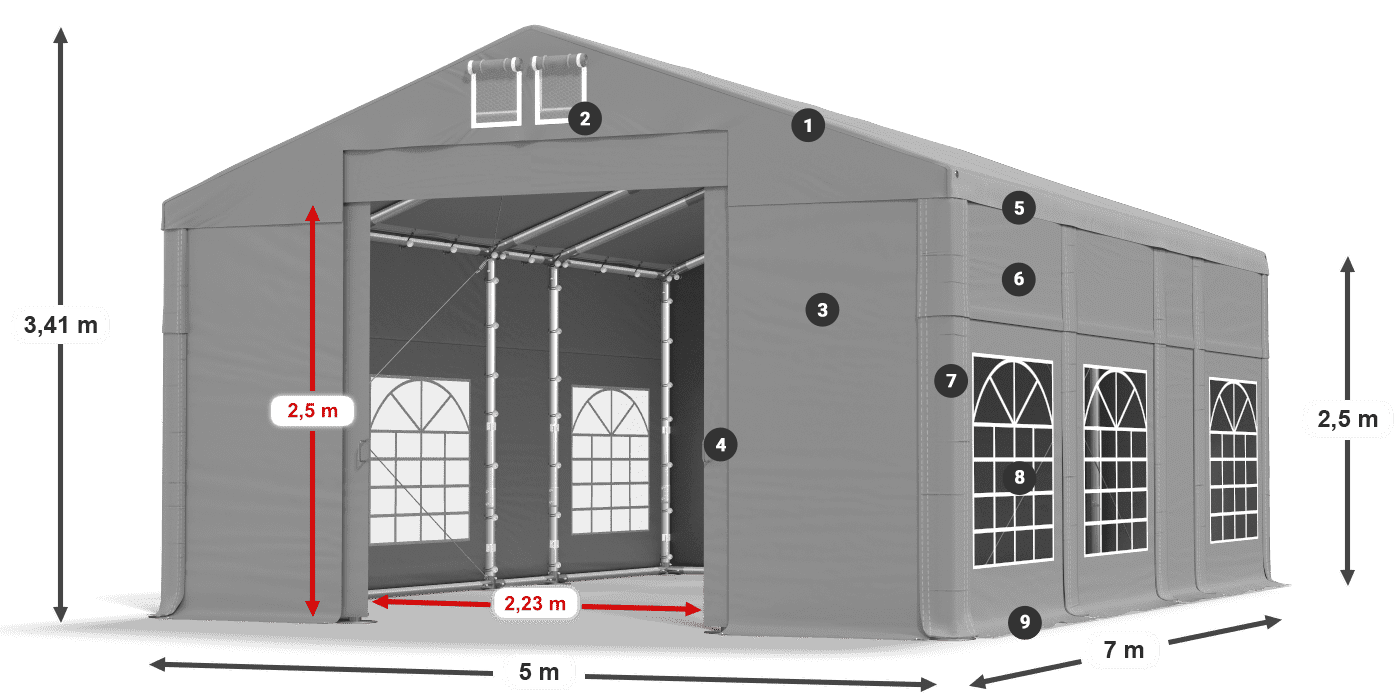 Dach: FR 620 PVC Wände: SD 500 PVC 2,5 m Legende