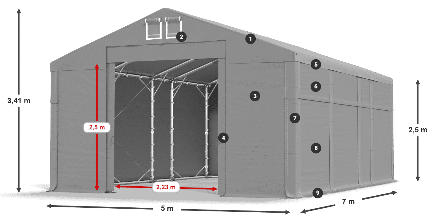 Dach: MS 580 PVC Wände: FR 620 PVC 2,5 m Legende