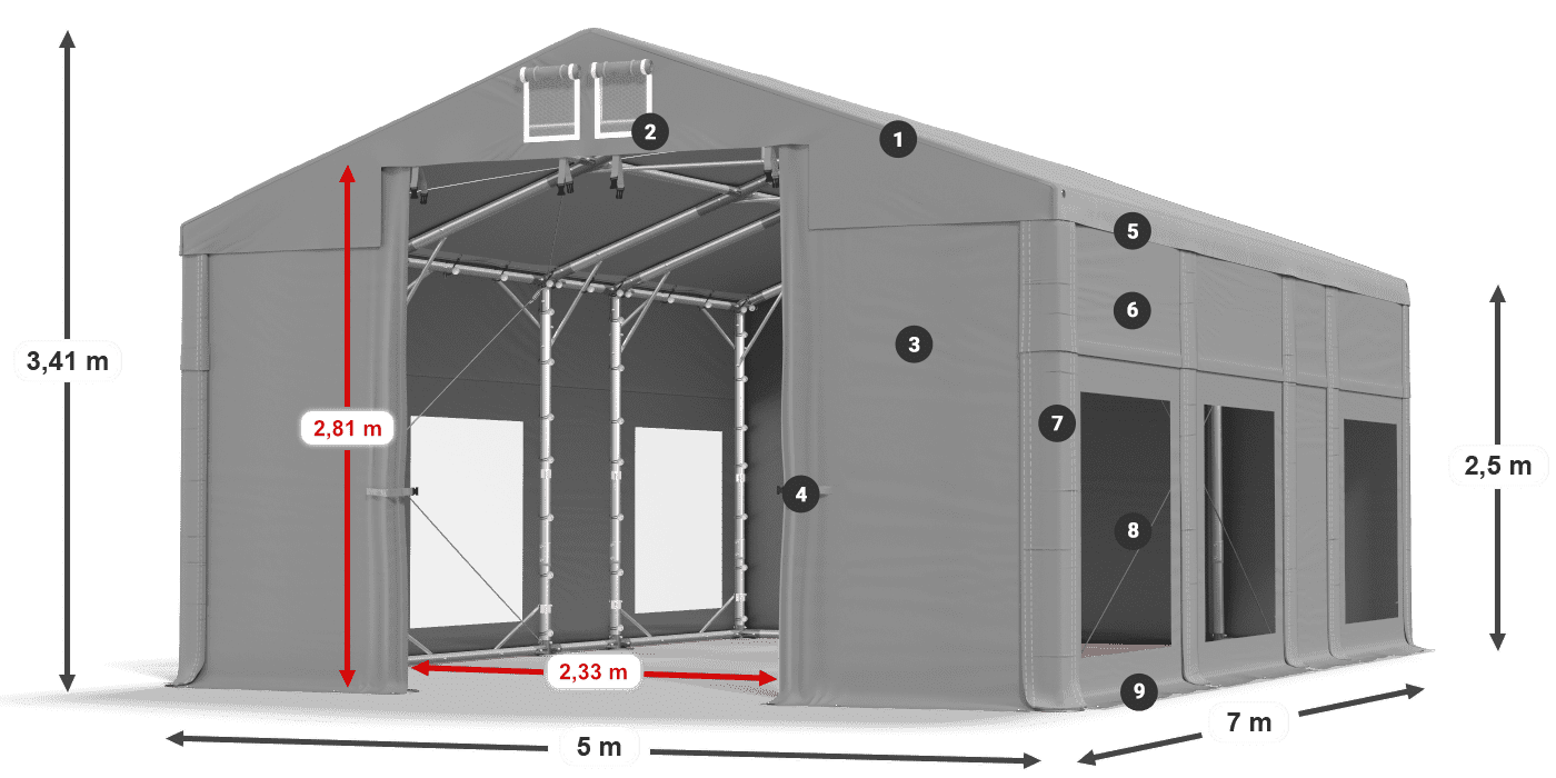 Dach: MS 580 PVC Wände: MS 580 PVC 2,5 m Legende