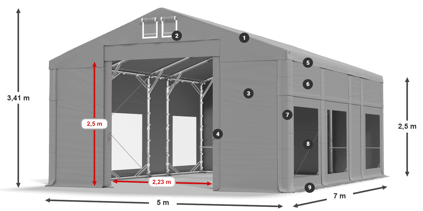 Dach: MS 580 PVC Wände: MS 580 PVC 2,5 m Legende