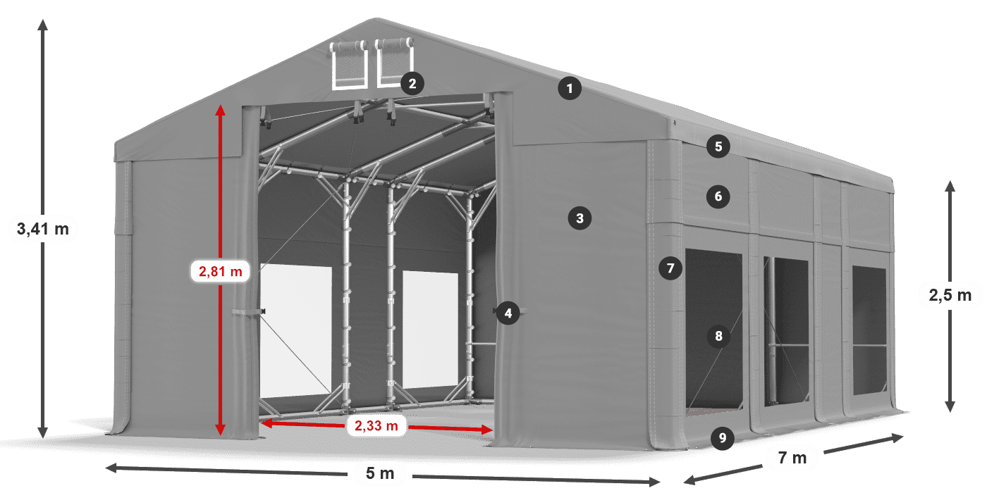 Dach: MS 580 PVC Wände: MS 580 PVC 2,5 m Legende