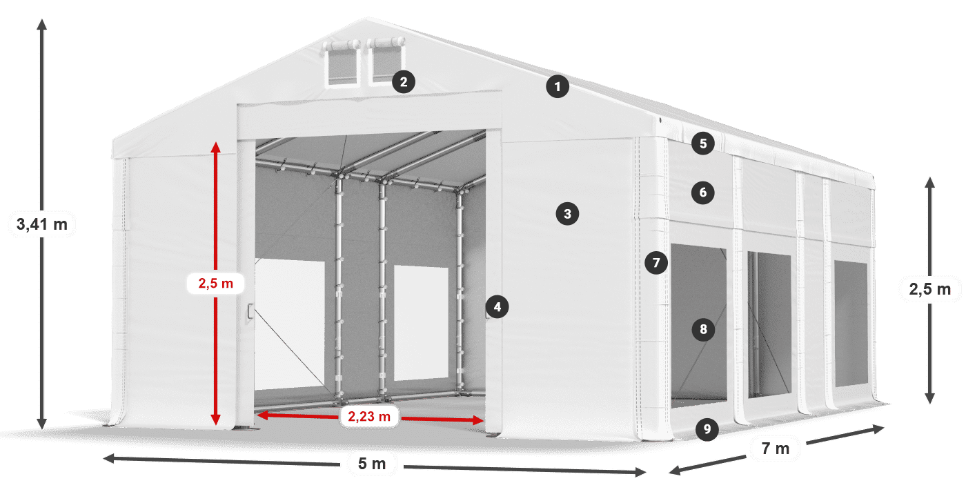 Dach: MS 580 PVC Wände: MS 580 PVC 2,5 m Legende