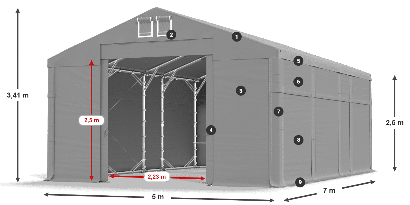 Dach: MS 580 PVC Wände: SD 500 PVC 2,5 m Legende