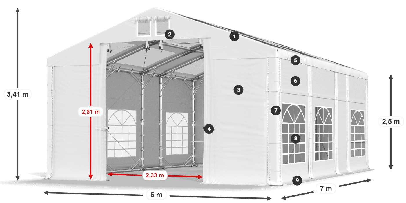 Dach: MS 580 PVC Wände: SD 500 PVC 2,5 m Legende