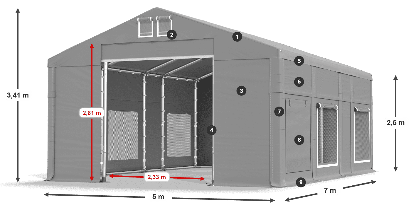 Dach: MS 580 PVC Wände: SD M 500 PVC 2,5 m Legende