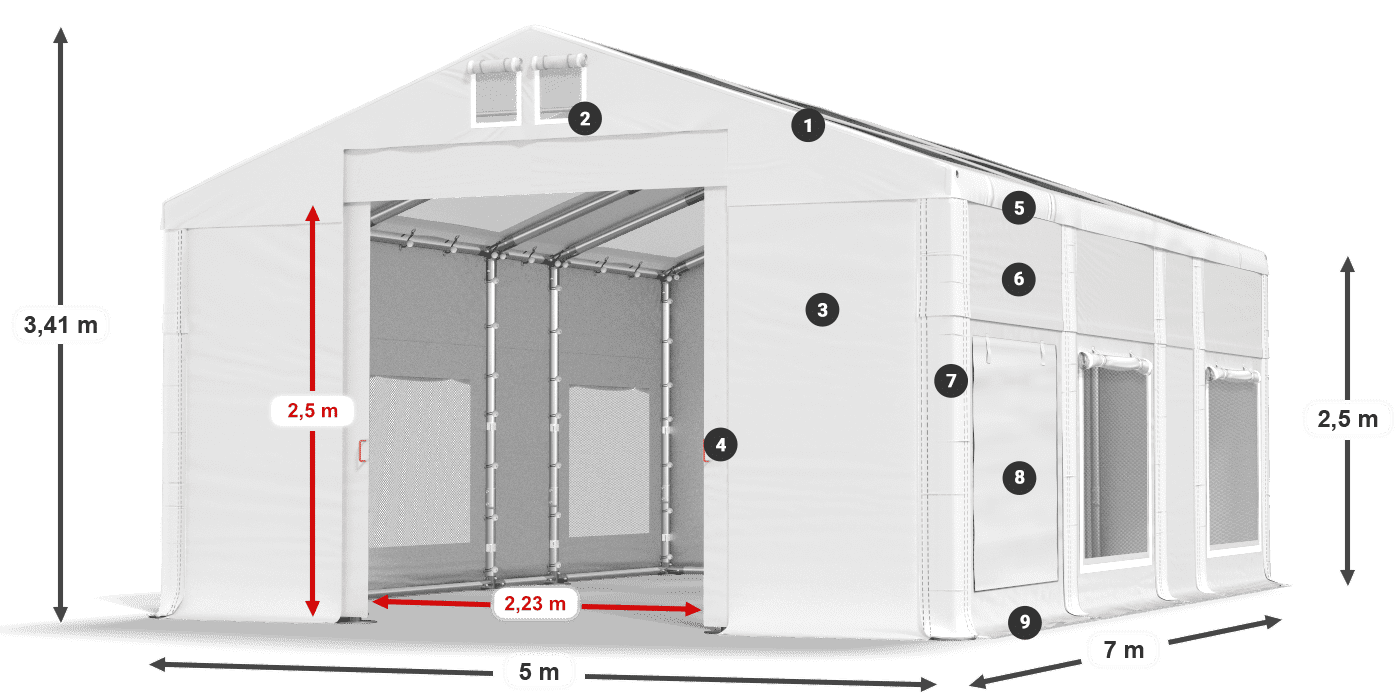 Dach: MS T 580 PVC Wände: SD M 500 PVC 2,5 m Legende