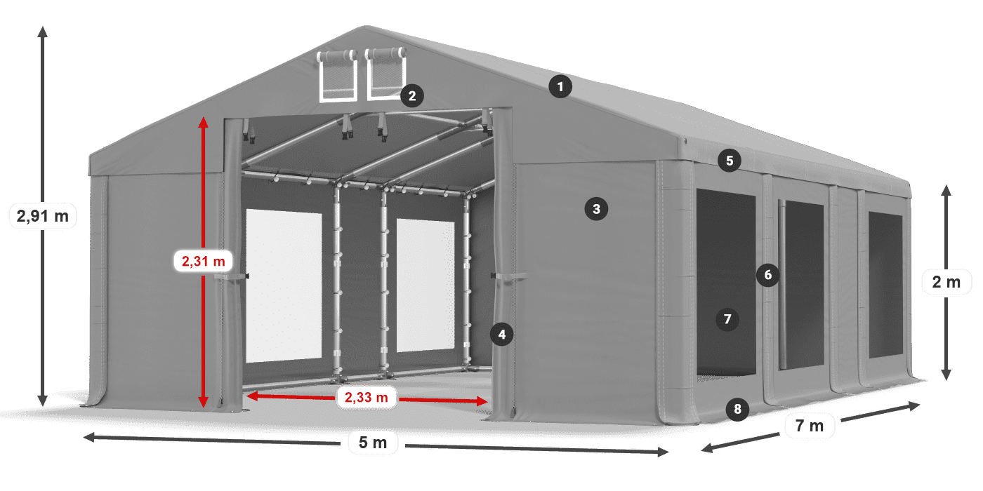 Dach: FR 620 PVC Wände: MS 580 PVC 2m Legende