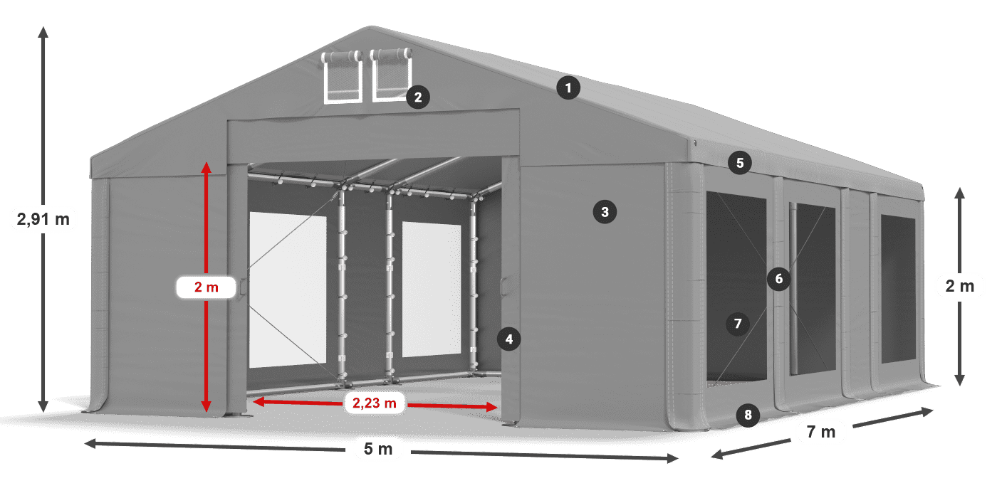 Dach: FR 620 PVC Wände: MS 580 PVC 2m Legende