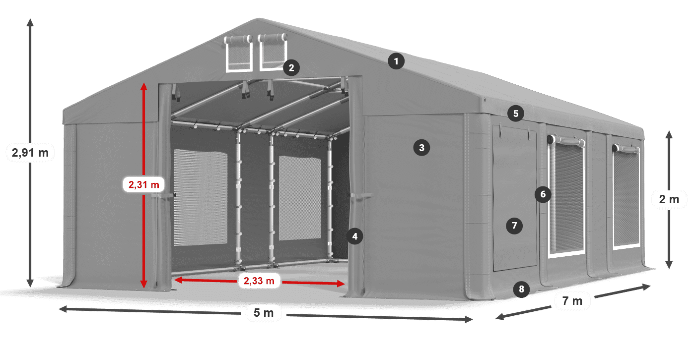 Dach: FR 620 PVC Wände: SD 500 PVC 2m Legende