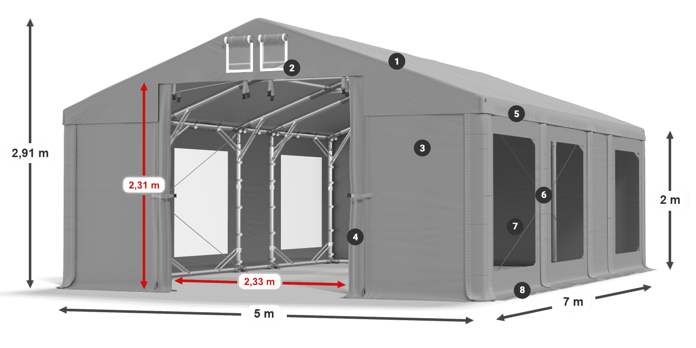 Dach: MS 580 PVC Wände: MS 580 PVC 2m Legende