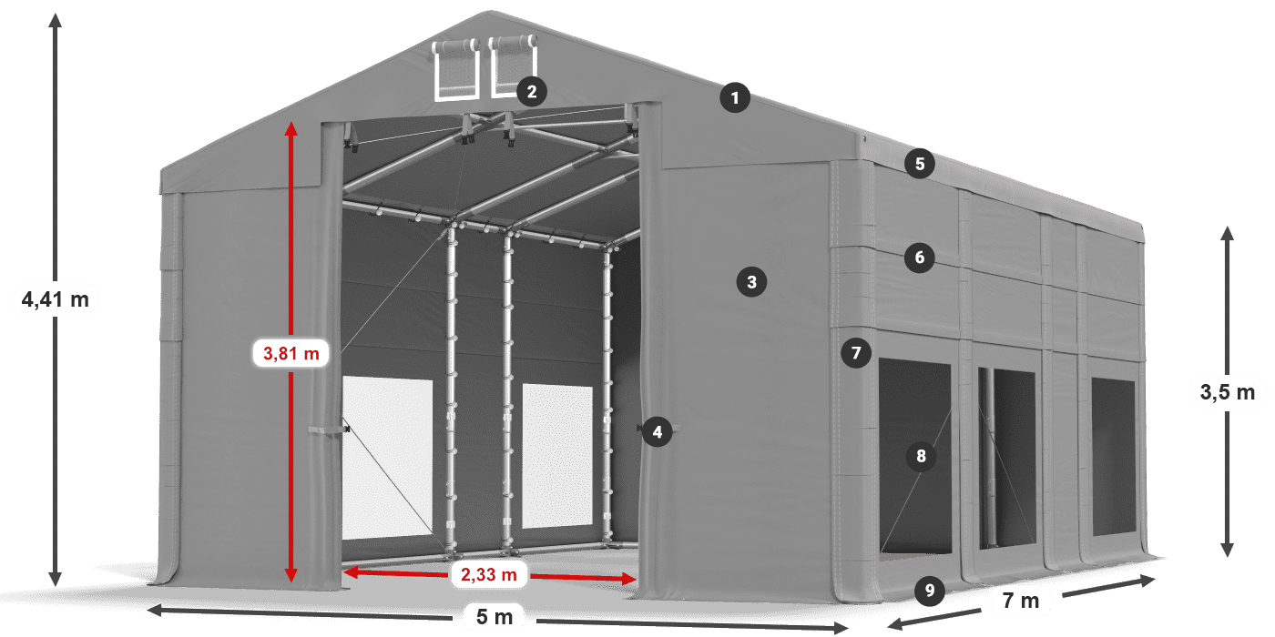 Dach: FR 620 PVC Wände: MS 580 PVC 3,5 m Legende