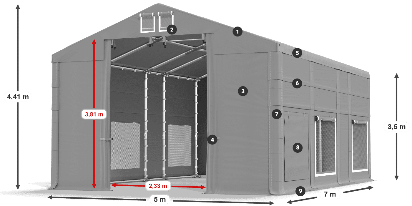 Dach: FR 620 PVC Wände: SD 500 PVC 3,5 m Legende