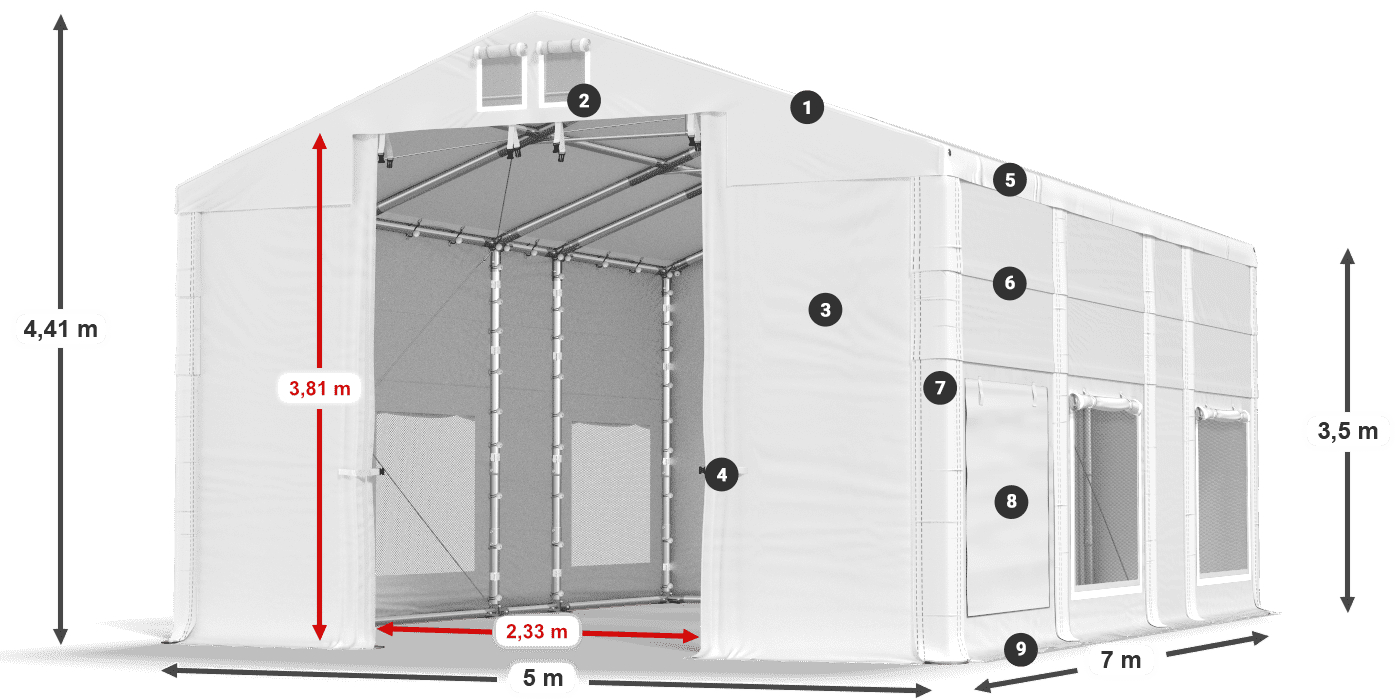 Dach: FR 620 PVC Wände: SD 500 PVC 3,5 m Legende