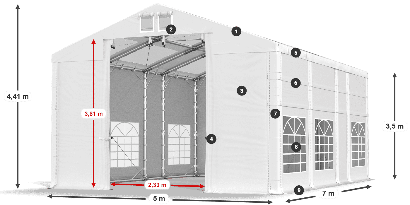 Dach: MS T 580 PVC Wände: FR 620 PVC 2,5 m Legende